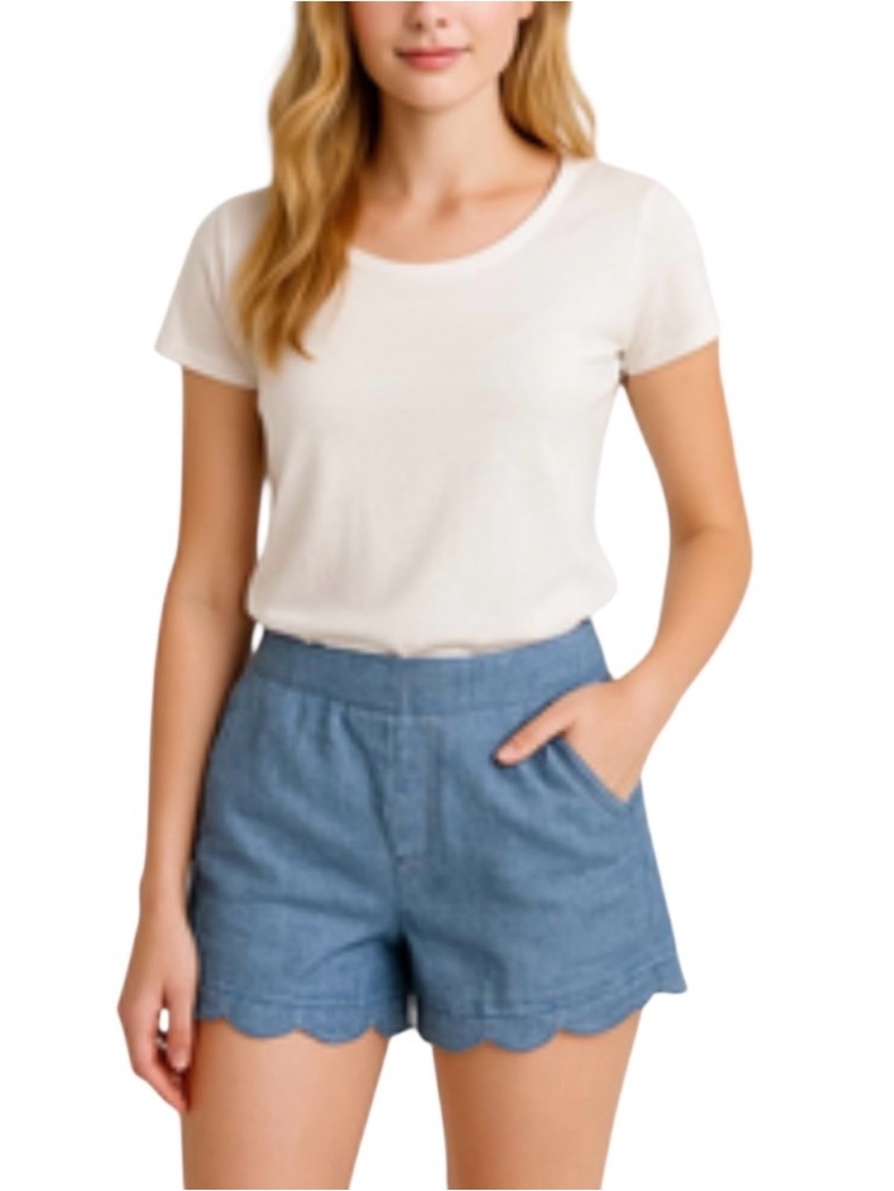 LOFT The Riviera Short Blue Linen Blend Chambray Scalloped Hem Size 10 W36 X 3.5